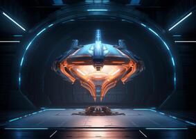 Galactic Encounter Realistic Spaceship in an Empty Dark Room photo