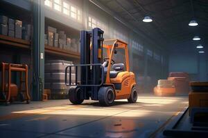 forklift drives along the industrial warehouse realistic, stacks of moving boxes light and dark tones, Streamline Pallet and Box Loading Process, AI Generated photo