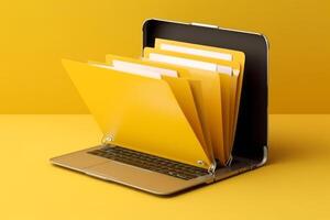 Yellow background with laptop file folder, AI Generated photo