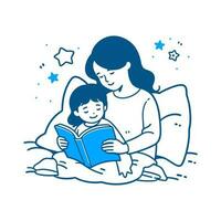 A parent and a child reading a bedtime story together vector illustration