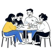 A group of friends laughing and sharing stories at a coffee shop, minimalistic vector illustration