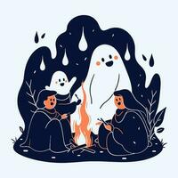 A group of friends telling spooky stories around a bonfire on Halloween night. Vector Illustration.