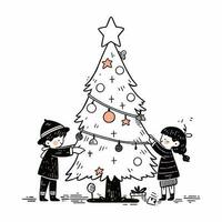 Children gently placing a shining star on top of a tall Christmas tree. Vector Illustration.