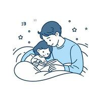 A parent and a child reading a bedtime story together vector illustration