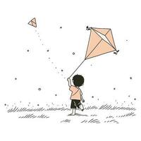 un niño volador un hecho a mano cometa en un ventoso verano campo, vector ilustración