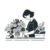 un florista elaboración un hermosa ramo de flores en un flor comercio, vector ilustración