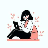 Woman using laptop computer in minimalistic hand drawn style vector illustration