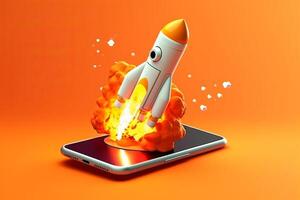 Mobile screen rocket startup concept on orange background, photo