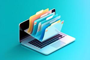 Laptop stores data, has file drawer, blue background, photo