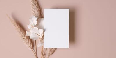 Mockup Paper Wedding Invitation Boho Minimal Style Greeting Card for Wedding Invitations and Birthday Stationery. Top View Flat Lay Copyspace. photo