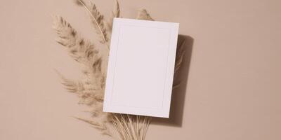 Mockup Paper Wedding Invitation Boho Minimal Style Greeting Card for Wedding Invitations and Birthday Stationery. Top View Flat Lay Copyspace. photo