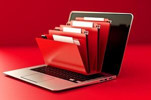 Red laptop screen with file folder, AI Generated photo