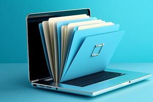 Laptop screen shows blue background with file folder, photo
