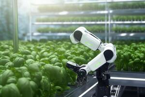 Robots Lettuce Plants in Lab Futuristic Robotic Farmers Transforming Agriculture with Advanced Technology Farm Automation photo