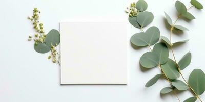 Minimalist Greeting Card Mockup with Delicate Dry Eucalyptus Leaves - Top View on a Clean White Background, AI Generated photo