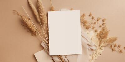 Mockup Paper Wedding Invitation Boho Minimal Style Greeting Card for Wedding Invitations and Birthday Stationery. Top View Flat Lay Copyspace. photo