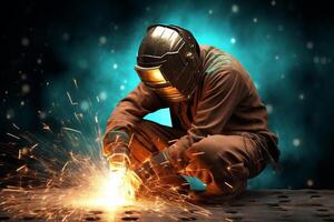 Welder Wearing Welding Gear with Sparks A Skilled Welder in the Industrial Setting with Bokeh and Sparkle Background, photo