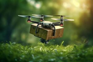 Futuristic Drone Delivery Revolutionizing Business Air Transportation with Unmanned Aircraft Robots, package flying through the air off a drone photo