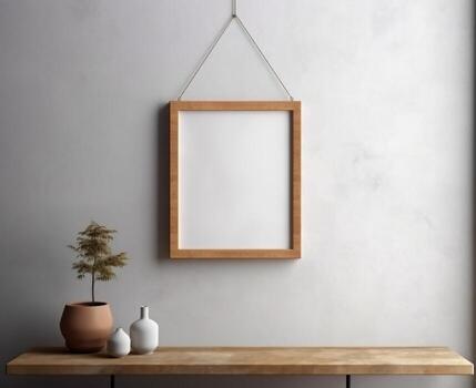 Blank Wooden Picture Frame Mockup Hanging on Wall Empty Poster Mockup for Art Display. Front View with Copy Space photo