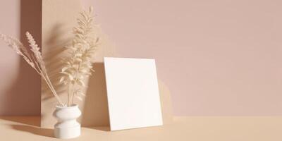 Mockup Paper Wedding Invitation Boho Minimal Style Greeting Card for Wedding Invitations and Birthday Stationery. Top View Flat Lay Copyspace. photo