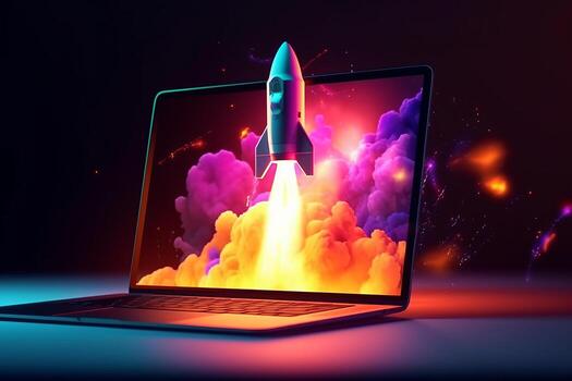 Laptop screen rocket startup with neon background, photo