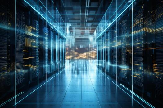 modern server room with blue lights and blue lines, super computer room, data warehouse, computer data storage, empty data server room style of digital photo