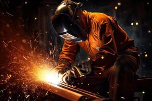Welder Wearing Welding Gear with Sparks A Skilled Welder in the Industrial Setting with Bokeh and Sparkle Background, photo