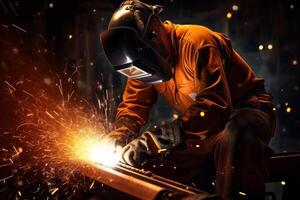 Welder Wearing Welding Gear with Sparks A Skilled Welder in the Industrial Setting with Bokeh and Sparkle Background, AI Generated photo