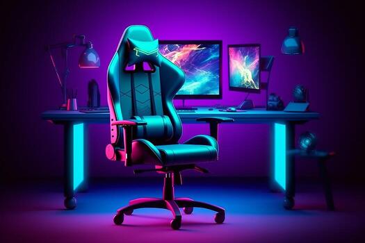 Futuristic gamer setup with computer, character, and gradient background, photo