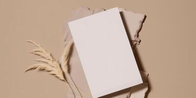 Mockup Paper Wedding Invitation Boho Minimal Style Greeting Card for Wedding Invitations and Birthday Stationery. Top View Flat Lay Copyspace. photo