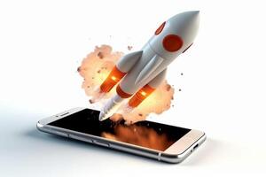 Phone screen shoots rocket on white background, photo