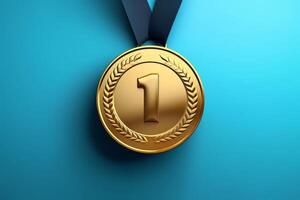 Gold medal 1 on blue background, AI Generated photo