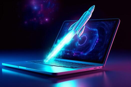 Rocket and laptop in blue neon background, photo