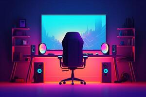 Gamer setup with computer, character, gradient background, AI Generated photo