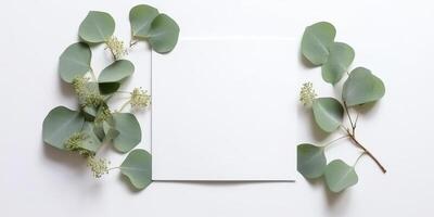 Minimalist Greeting Card Mockup with Delicate Dry Eucalyptus Leaves - Top View on a Clean White Background, AI Generated photo