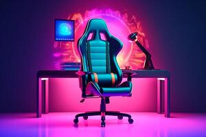 Futuristic gamer setup with computer, gamer character, and gradient background, AI Generated photo