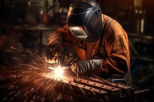 Welder Wearing Welding Gear with Sparks A Skilled Welder in the Industrial Setting with Bokeh and Sparkle Background, photo