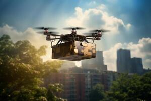 Futuristic Drone Delivery Revolutionizing Business Air Transportation with Unmanned Aircraft Robots, package flying through the air off a drone photo