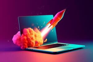 Laptop screen emits rocket in minimalist gradient style, photo
