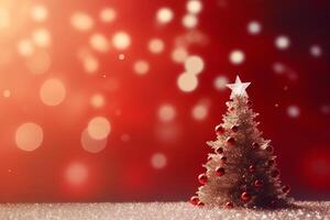 Christmas Splendor Xmas Tree and Bokeh Lights on Red Canvas Background photo