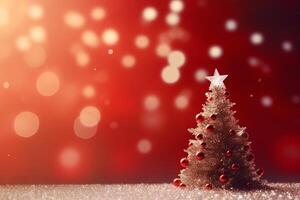 Christmas Splendor Xmas Tree and Bokeh Lights on Red Canvas Background AI Generated photo