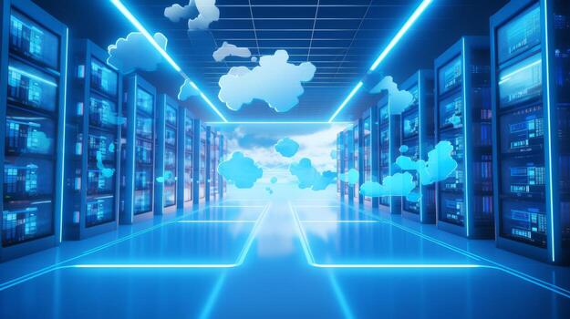 cloud computing concept art abstract, cloud server. data center organize, technology blue light room photo
