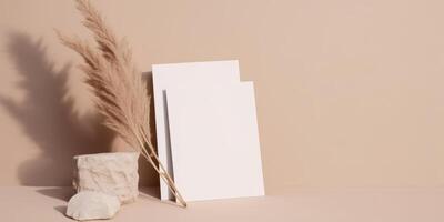 Mockup Paper Wedding Invitation Boho Minimal Style Greeting Card for Wedding Invitations and Birthday Stationery. Top View Flat Lay Copyspace. photo
