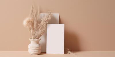 Mockup Paper Wedding Invitation Boho Minimal Style Greeting Card for Wedding Invitations and Birthday Stationery. Top View Flat Lay Copyspace. photo