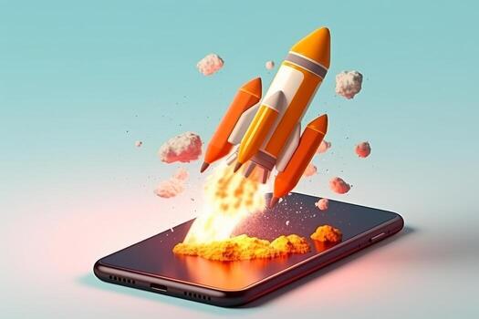 Mobile screen rocket startup concept on white background, photo
