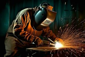 Welder Wearing Welding Gear with Sparks A Skilled Welder in the Industrial Setting with Bokeh and Sparkle Background, AI Generated photo