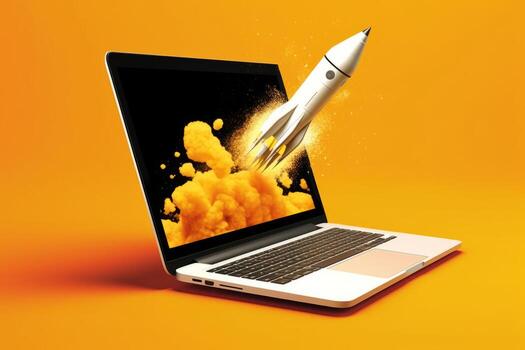 Laptop screen shoots rocket, orange backdrop, photo