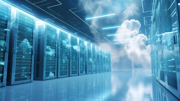 cloud computing concept art abstract, cloud server. data center organize, technology blue light room photo