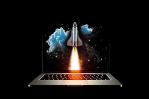 Rocket from laptop, black background, AI Generated photo