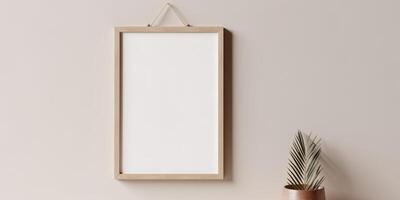 Blank Wooden Picture Frame Mockup Hanging on Wall Empty Poster Mockup for Art Display. Front View with Copy Space photo